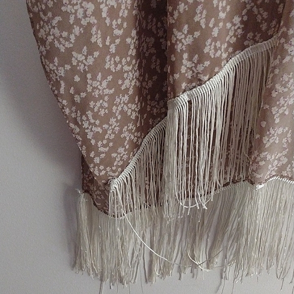 Tan Cardigan Style Poncho/Cover Up with White Fringe - Picture 7 of 7